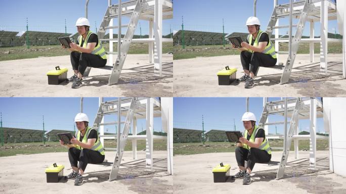 女性工程师在风力发电场巡检