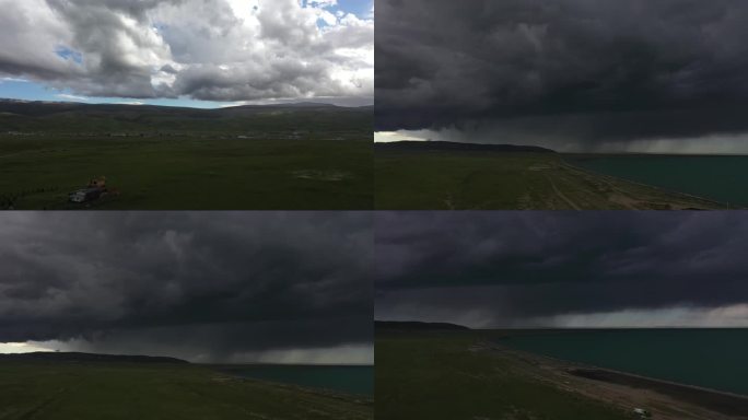 青海湖黑马河景区乌云电闪雷鸣下雨