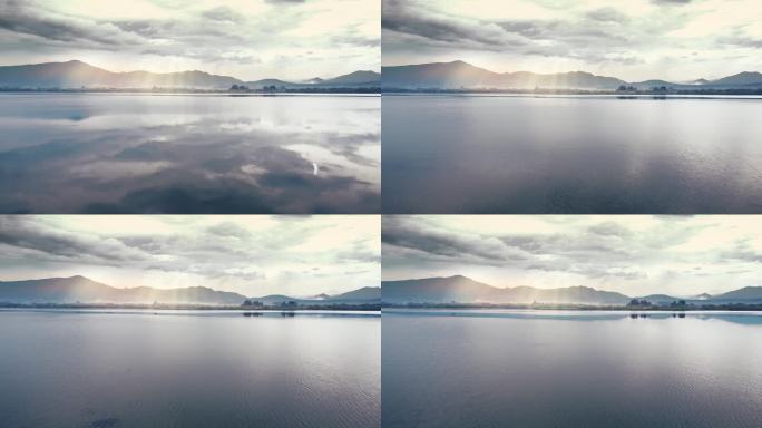 水墨山水风景湖光山色湖面远山村庄航拍