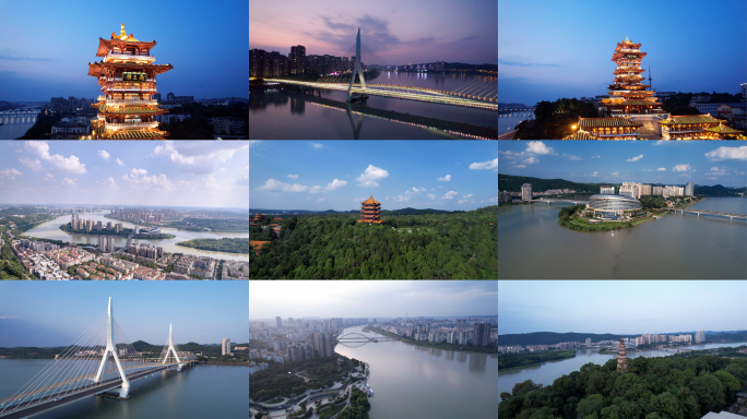 绵阳城市越王楼三江大桥航拍延时夜景合集