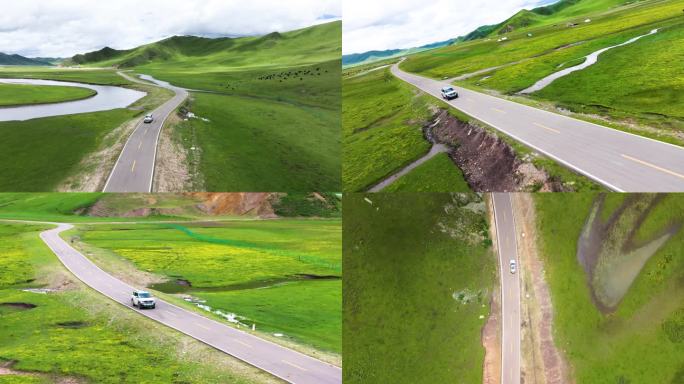 新能源汽车汽车行驶在草原公路上