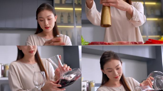在家煎牛排 处理配菜 倒红酒