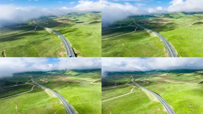青藏高原久马高速公路航拍延时川西草原风光