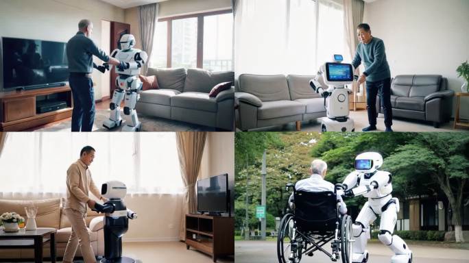 智慧养老机器人照顾老人起居行动4K