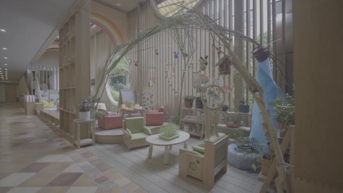 幼儿园环境布置空镜活动教室娱乐区桌椅玩具