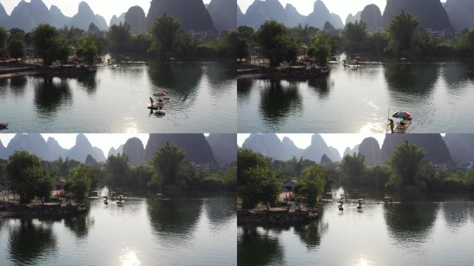 桂林遇龙河上的竹筏