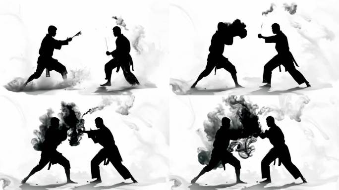 4K超清水墨古风武侠剪影比武素材