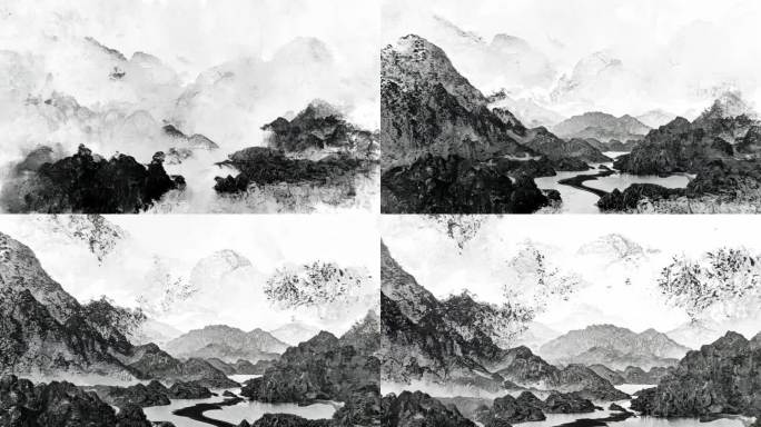 4K超清水墨晕染出山水画诗意素材