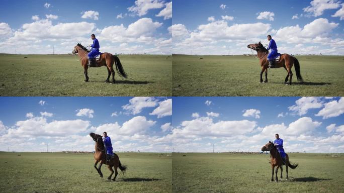 蒙古族牧民在草原上骑马