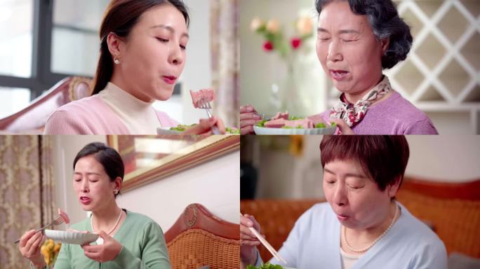 男女老少大口吃午餐肉大快朵颐