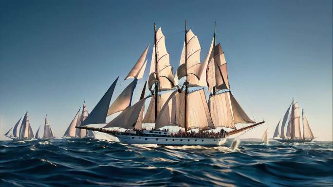 帆船船队在大海前进，劈波斩棘，扬帆起航