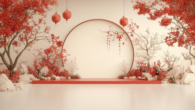 中式喜庆展台、红色、背景、春节