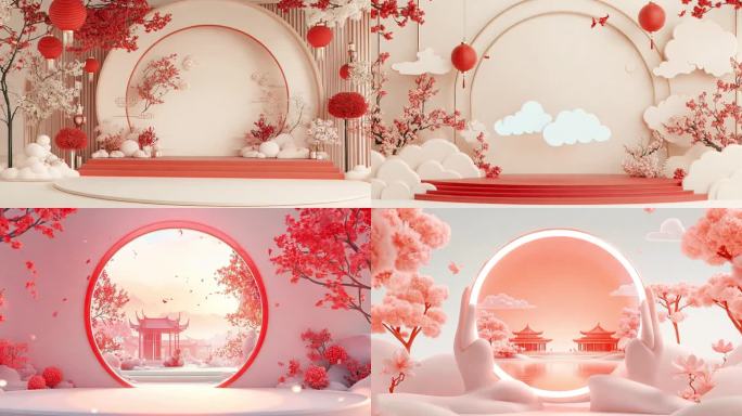 中式喜庆展台、红色、背景、春节