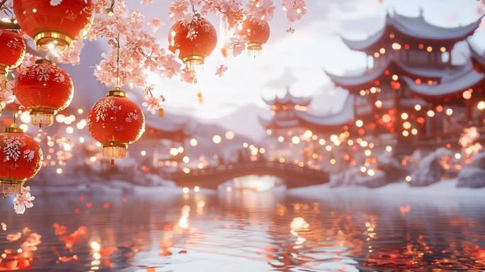 春节、唯美、喜庆氛围、灯笼、过年、新年