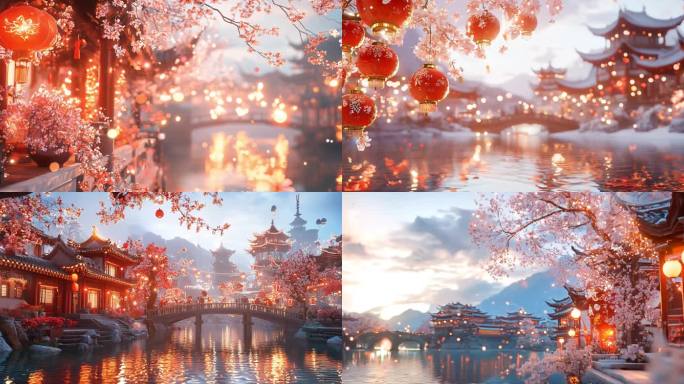 春节、唯美、喜庆氛围、灯笼、过年、新年