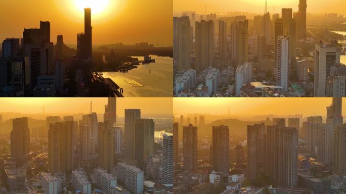 镇江市润州区京口区航拍夕阳西下美景高楼大