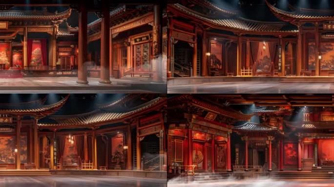 4K中国传统戏曲舞台中式建筑古朴厚重
