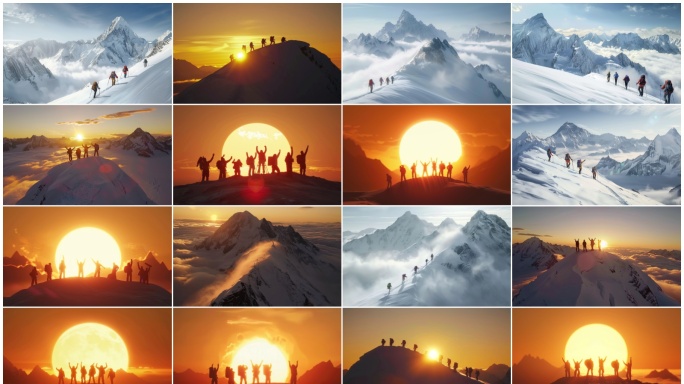 团队徒步励志攀登雪山奋斗登顶
