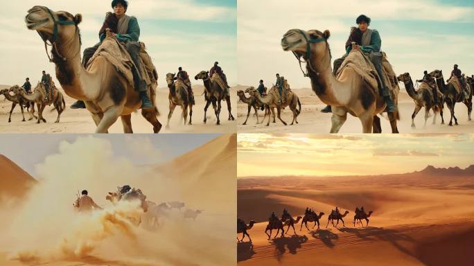 沙漠骆驼商队沙漠大景丝绸之路空镜画面3