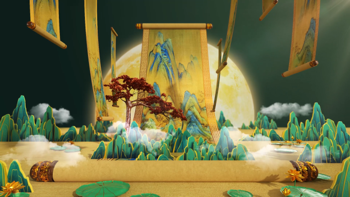 国潮中秋穿越卷轴千里江山图片头片尾