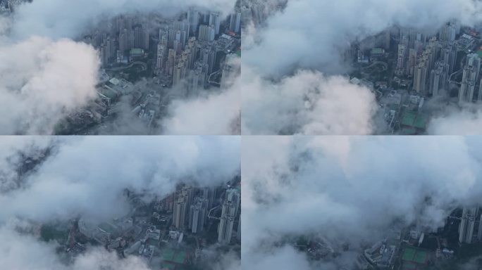 香港维多利亚港飞鹅山日落高空云层航拍