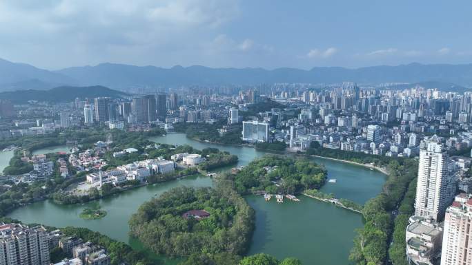 福州西湖公园航拍福建博物院城市公园风景