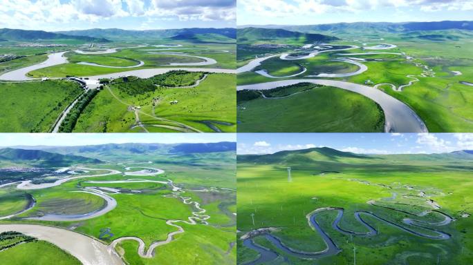红原大草原风光航拍月亮湾湿地白河风景