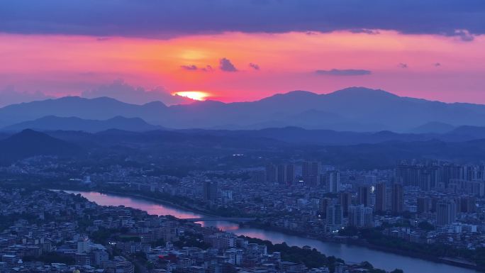 县城夕阳晚霞航拍0724