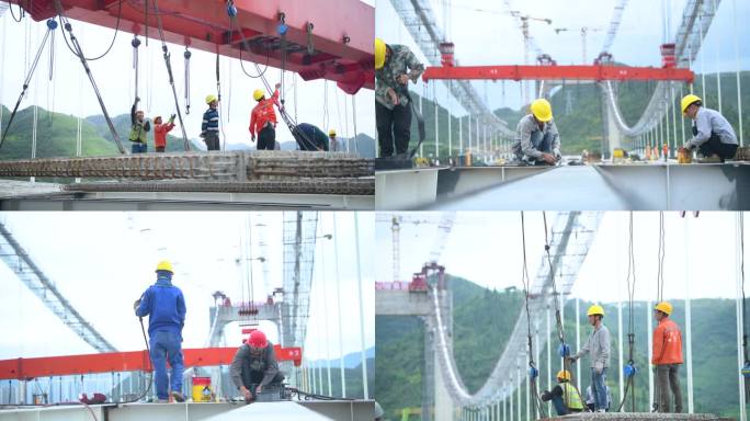 交通桥梁建设工程工地工人施工吊装桥面板