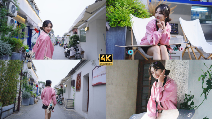 少女时尚潮流滑板4K