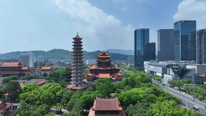 福州西禅古寺航拍城市寺庙古建筑景观风景