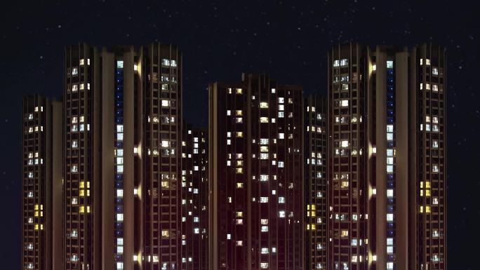 夜晚停电抢修 楼房灯光熄灭 万家灯火