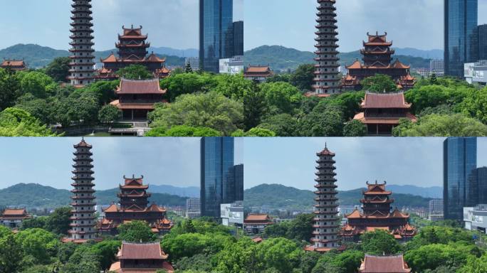 福州西禅古寺航拍城市寺庙古建筑景观风景