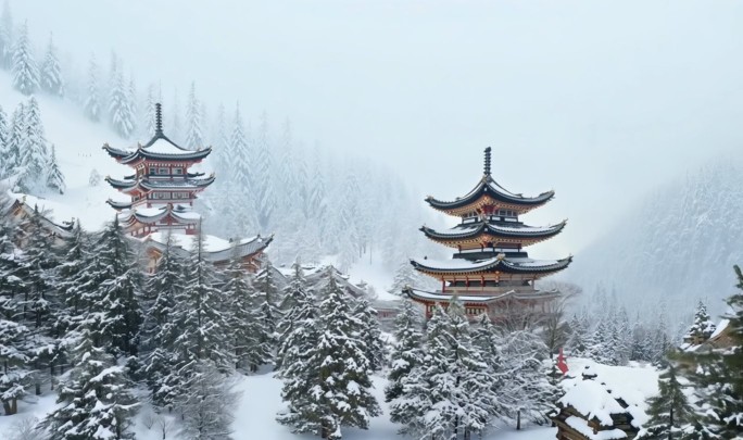 下雪天深山里的古刹 古寺 古禅寺