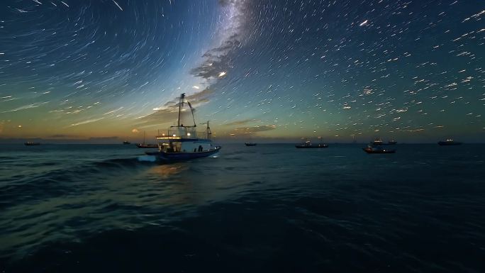4K星空夜空下海面的小船延时剪影合集