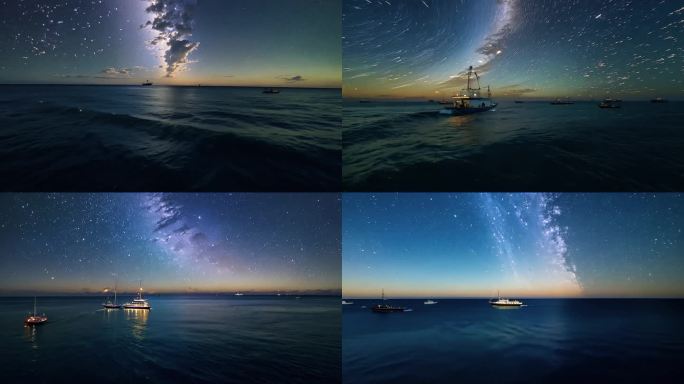 4K星空夜空下海面的小船延时剪影合集