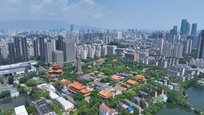 福州西禅古寺航拍城市寺庙古建筑景观风景