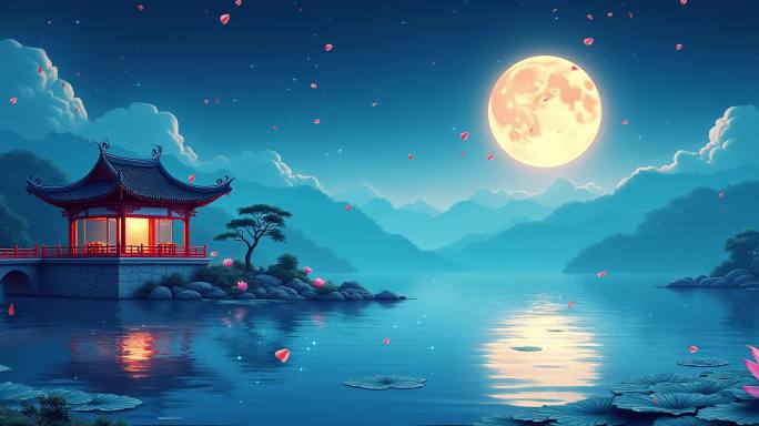 中秋夜晚中式场景