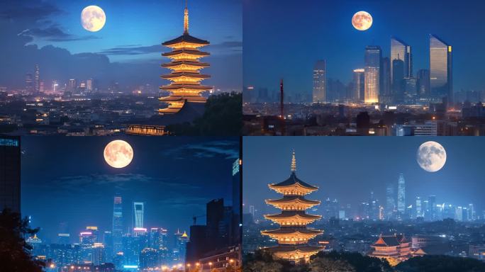 各地城市圆月美景 中秋月圆之夜