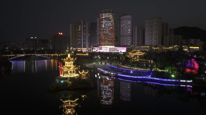 HDR贵州铜仁跨鳌亭城市夜景航拍风光