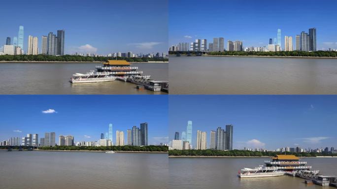 长沙湘江沿岸建筑湘江游船延时摄影