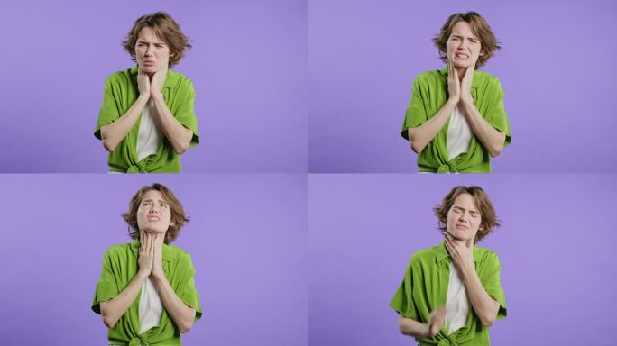 漂亮女人有疮。在紫罗兰画室里喉咙肿的生病女士。心绞痛。年轻的女孩感到疼痛，疼痛。季节性流感、感冒等疾