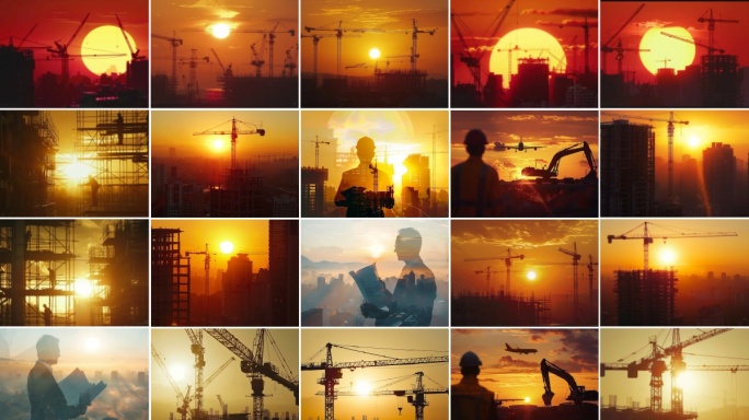 工地施工 建筑工地 城市建设 夕阳工地