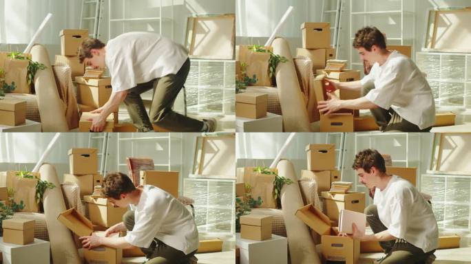 搬到新房子。房地产，买公寓。搬箱子的年轻人，搬家时的老板。房地产采购。住房服务理念。