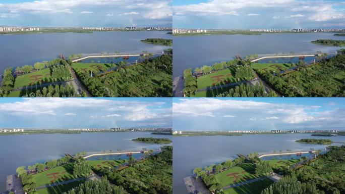 大同市平城区五大场馆文瀛湖城市彩虹航拍