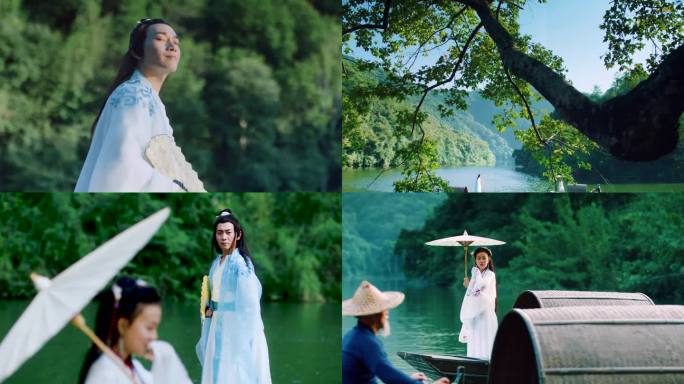 古代古装男女坐着乌篷船在江中偶遇一见钟情