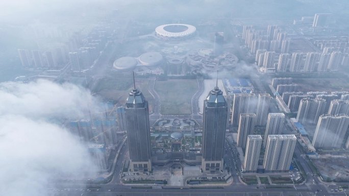 航拍枣庄双子星体育场空中延时摄影