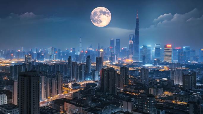 城市夜晚月亮 圆月满月 大月亮