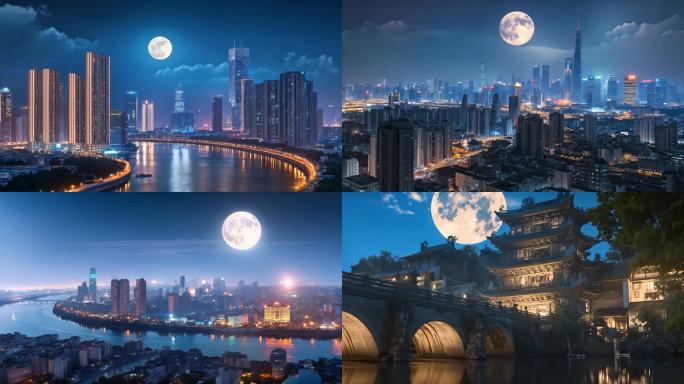 城市夜晚月亮 圆月满月 大月亮