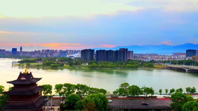 衢州城市航拍水亭门信安阁西区城市晚霞